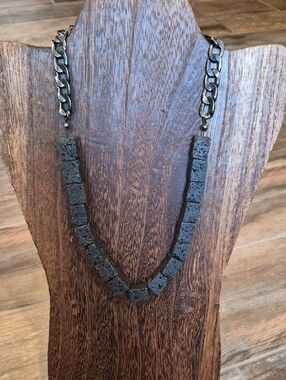 Natural Rectangular Black Lava Stone Gunmetal Chain-link Necklace w/ Extender